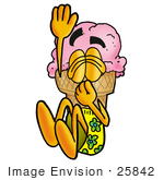 #25842 Clip Art Graphic Of A Strawberry Ice Cream Cone Cartoon Character Plugging His Nose While Jumping Into Water