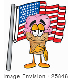 #25846 Clip Art Graphic Of A Strawberry Ice Cream Cone Cartoon Character Pledging Allegiance To An American Flag