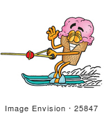 #25847 Clip Art Graphic Of A Strawberry Ice Cream Cone Cartoon Character Waving While Water Skiing