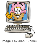 #25854 Clip Art Graphic Of A Strawberry Ice Cream Cone Cartoon Character Waving From Inside A Computer Screen