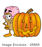 #25855 Clip Art Graphic Of A Strawberry Ice Cream Cone Cartoon Character With A Carved Halloween Pumpkin