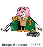 #25856 Clip Art Graphic Of A Strawberry Ice Cream Cone Cartoon Character Camping With A Tent And Fire