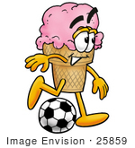 #25859 Clip Art Graphic Of A Strawberry Ice Cream Cone Cartoon Character Kicking A Soccer Ball