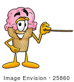 #25860 Clip Art Graphic Of A Strawberry Ice Cream Cone Cartoon Character Holding A Pointer Stick