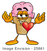 #25861 Clip Art Graphic Of A Strawberry Ice Cream Cone Cartoon Character With His Heart Beating Out Of His Chest