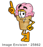 #25862 Clip Art Graphic Of A Strawberry Ice Cream Cone Cartoon Character Pointing Upwards