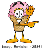 #25864 Clip Art Graphic Of A Strawberry Ice Cream Cone Cartoon Character Waving And Pointing