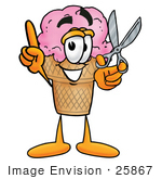 #25867 Clip Art Graphic Of A Strawberry Ice Cream Cone Cartoon Character Holding A Pair Of Scissors