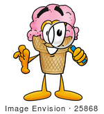 #25868 Clip Art Graphic Of A Strawberry Ice Cream Cone Cartoon Character Looking Through A Magnifying Glass