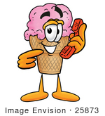 #25873 Clip Art Graphic Of A Strawberry Ice Cream Cone Cartoon Character Holding A Telephone