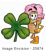 #25874 Clip Art Graphic Of A Strawberry Ice Cream Cone Cartoon Character With A Green Four Leaf Clover On St Paddy’S Or St Patricks Day