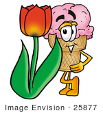 #25877 Clip Art Graphic Of A Strawberry Ice Cream Cone Cartoon Character With A Red Tulip Flower In The Spring