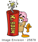#25878 Clip Art Graphic Of A Strawberry Ice Cream Cone Cartoon Character Standing With A Lit Stick Of Dynamite