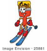 #25881 Clip Art Graphic Of A Red Paintbrush With Yellow Paint Cartoon Character Skiing Downhill