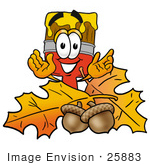 #25883 Clip Art Graphic Of A Red Paintbrush With Yellow Paint Cartoon Character With Autumn Leaves And Acorns In The Fall
