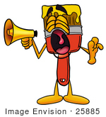 #25885 Clip Art Graphic Of A Red Paintbrush With Yellow Paint Cartoon Character Screaming Into A Megaphone