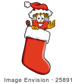 #25891 Clip Art Graphic Of A Red Paintbrush With Yellow Paint Cartoon Character Wearing A Santa Hat Inside A Red Christmas Stocking