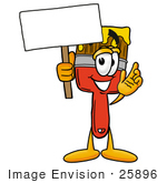 #25896 Clip Art Graphic Of A Red Paintbrush With Yellow Paint Cartoon Character Holding A Blank Sign