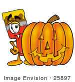 #25897 Clip Art Graphic Of A Red Paintbrush With Yellow Paint Cartoon Character With A Carved Halloween Pumpkin