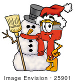 #25901 Clip Art Graphic Of A Red Paintbrush With Yellow Paint Cartoon Character With A Snowman On Christmas