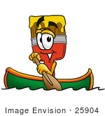#25904 Clip Art Graphic Of A Red Paintbrush With Yellow Paint Cartoon Character Rowing A Boat