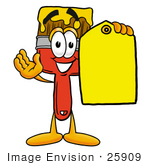 #25909 Clip Art Graphic Of A Red Paintbrush With Yellow Paint Cartoon Character Holding A Yellow Sales Price Tag