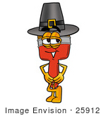 #25912 Clip Art Graphic Of A Red Paintbrush With Yellow Paint Cartoon Character Wearing A Pilgrim Hat On Thanksgiving
