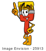 #25913 Clip Art Graphic Of A Red Paintbrush With Yellow Paint Cartoon Character Pointing Upwards