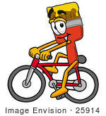 #25914 Clip Art Graphic Of A Red Paintbrush With Yellow Paint Cartoon Character Riding A Bicycle