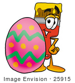 #25915 Clip Art Graphic Of A Red Paintbrush With Yellow Paint Cartoon Character Standing Beside An Easter Egg