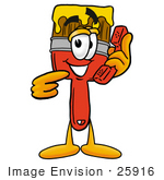 #25916 Clip Art Graphic Of A Red Paintbrush With Yellow Paint Cartoon Character Holding A Telephone