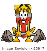 #25917 Clip Art Graphic Of A Red Paintbrush With Yellow Paint Cartoon Character Lifting A Heavy Barbell