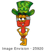 #25920 Clip Art Graphic Of A Red Paintbrush With Yellow Paint Cartoon Character Wearing A Saint Patricks Day Hat With A Clover On It