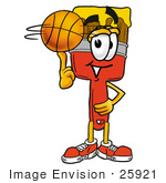 #25921 Clip Art Graphic Of A Red Paintbrush With Yellow Paint Cartoon Character Spinning A Basketball On His Finger
