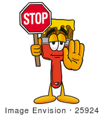 #25924 Clip Art Graphic Of A Red Paintbrush With Yellow Paint Cartoon Character Holding A Stop Sign