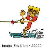 #25925 Clip Art Graphic Of A Red Paintbrush With Yellow Paint Cartoon Character Waving While Water Skiing