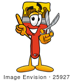 #25927 Clip Art Graphic Of A Red Paintbrush With Yellow Paint Cartoon Character Holding A Pair Of Scissors