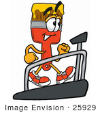 #25929 Clip Art Graphic Of A Red Paintbrush With Yellow Paint Cartoon Character Walking On A Treadmill In A Fitness Gym