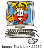 #25932 Clip Art Graphic Of A Red Paintbrush With Yellow Paint Cartoon Character Waving From Inside A Computer Screen