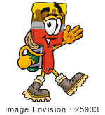 #25933 Clip Art Graphic Of A Red Paintbrush With Yellow Paint Cartoon Character Hiking And Carrying A Backpack