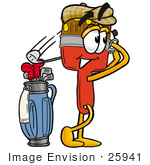 #25941 Clip Art Graphic Of A Red Paintbrush With Yellow Paint Cartoon Character Swinging His Golf Club While Golfing