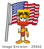 #25942 Clip Art Graphic Of A Red Paintbrush With Yellow Paint Cartoon Character Pledging Allegiance To An American Flag