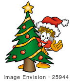 #25944 Clip Art Graphic Of A Red Paintbrush With Yellow Paint Cartoon Character Waving And Standing By A Decorated Christmas Tree