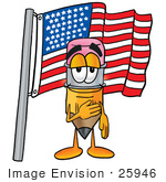 #25946 Clip Art Graphic Of A Yellow Number 2 Pencil With An Eraser Cartoon Character Pledging Allegiance To An American Flag