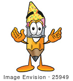 #25949 Clip Art Graphic Of A Yellow Number 2 Pencil With An Eraser Cartoon Character Wearing A Birthday Party Hat