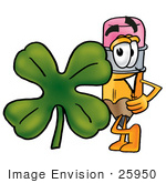 #25950 Clip Art Graphic Of A Yellow Number 2 Pencil With An Eraser Cartoon Character With A Green Four Leaf Clover On St Paddy’S Or St Patricks Day