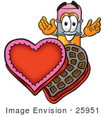 #25951 Clip Art Graphic Of A Yellow Number 2 Pencil With An Eraser Cartoon Character With An Open Box Of Valentines Day Chocolate Candies