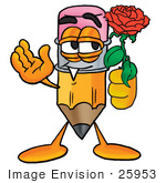 #25953 Clip Art Graphic Of A Yellow Number 2 Pencil With An Eraser Cartoon Character Holding A Red Rose On Valentines Day