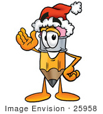 #25958 Clip Art Graphic Of A Yellow Number 2 Pencil With An Eraser Cartoon Character Wearing A Santa Hat And Waving