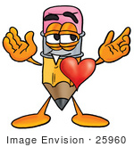 #25960 Clip Art Graphic Of A Yellow Number 2 Pencil With An Eraser Cartoon Character With His Heart Beating Out Of His Chest